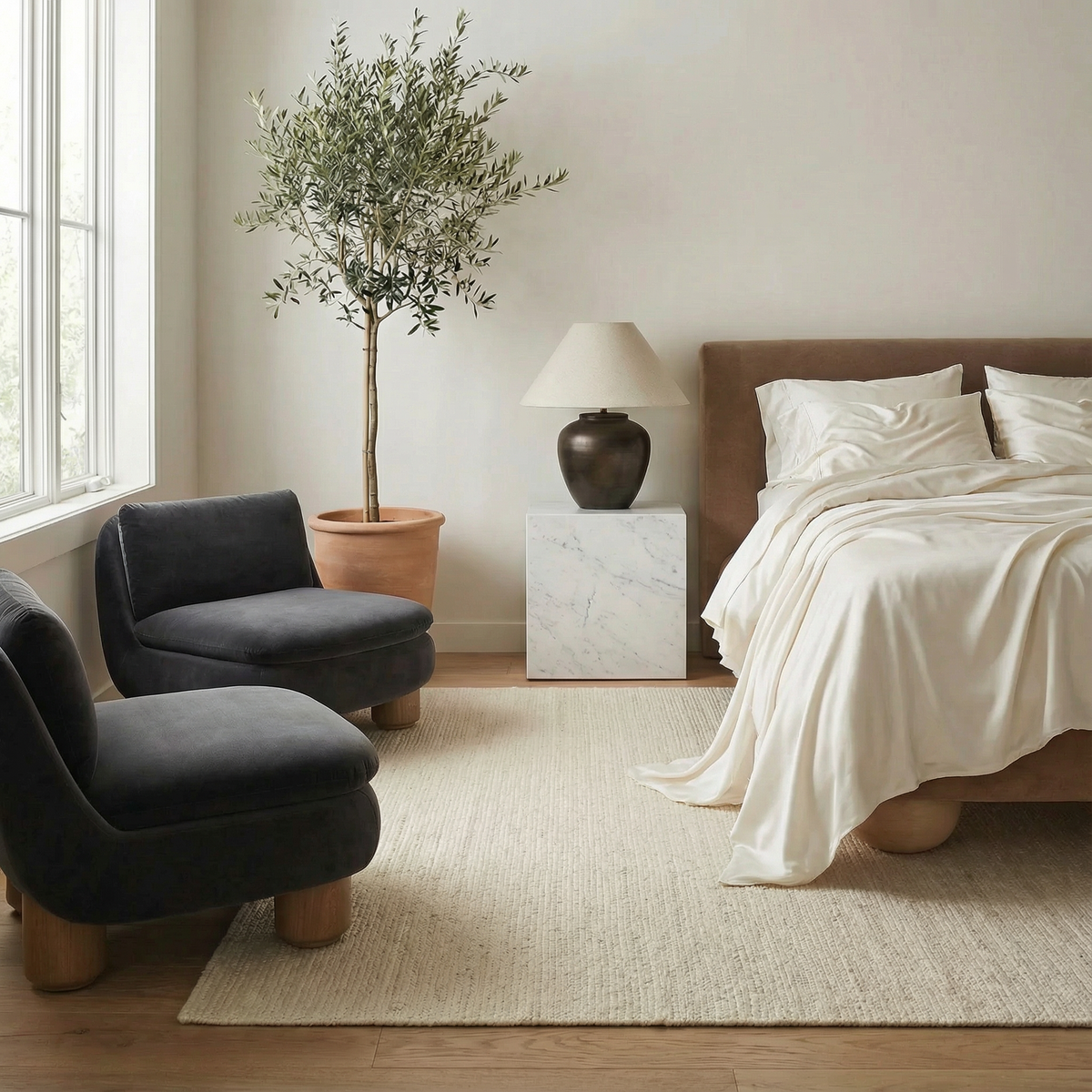 Modern bedroom with silky-soft bamboo sheets in cloud white