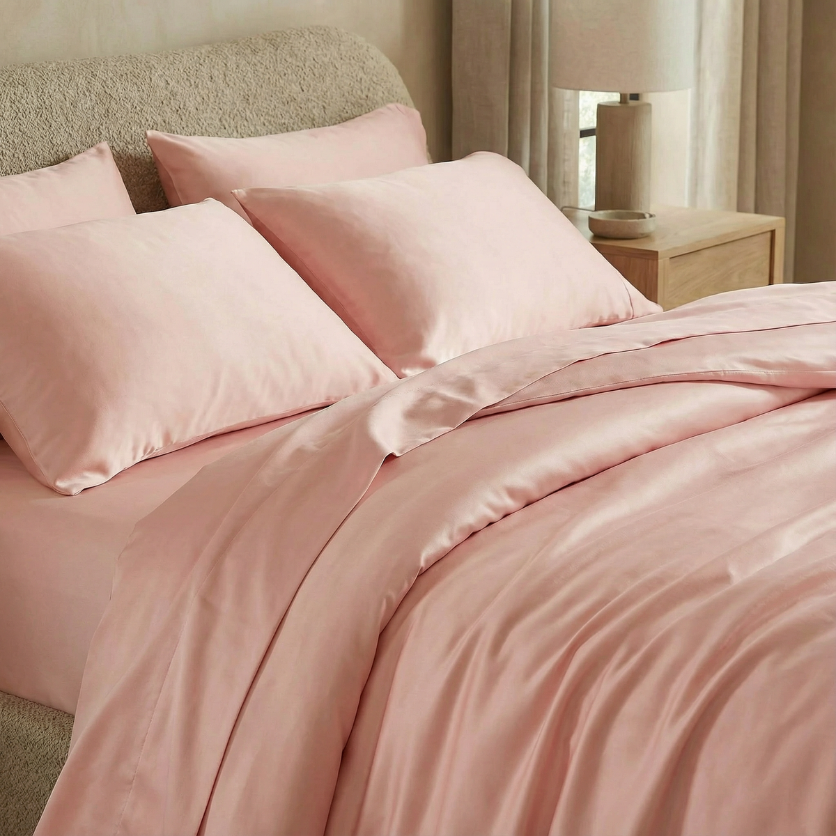 Modern bedroom styled with luxe quartz pillowcases for a serene, light-filled sleep space