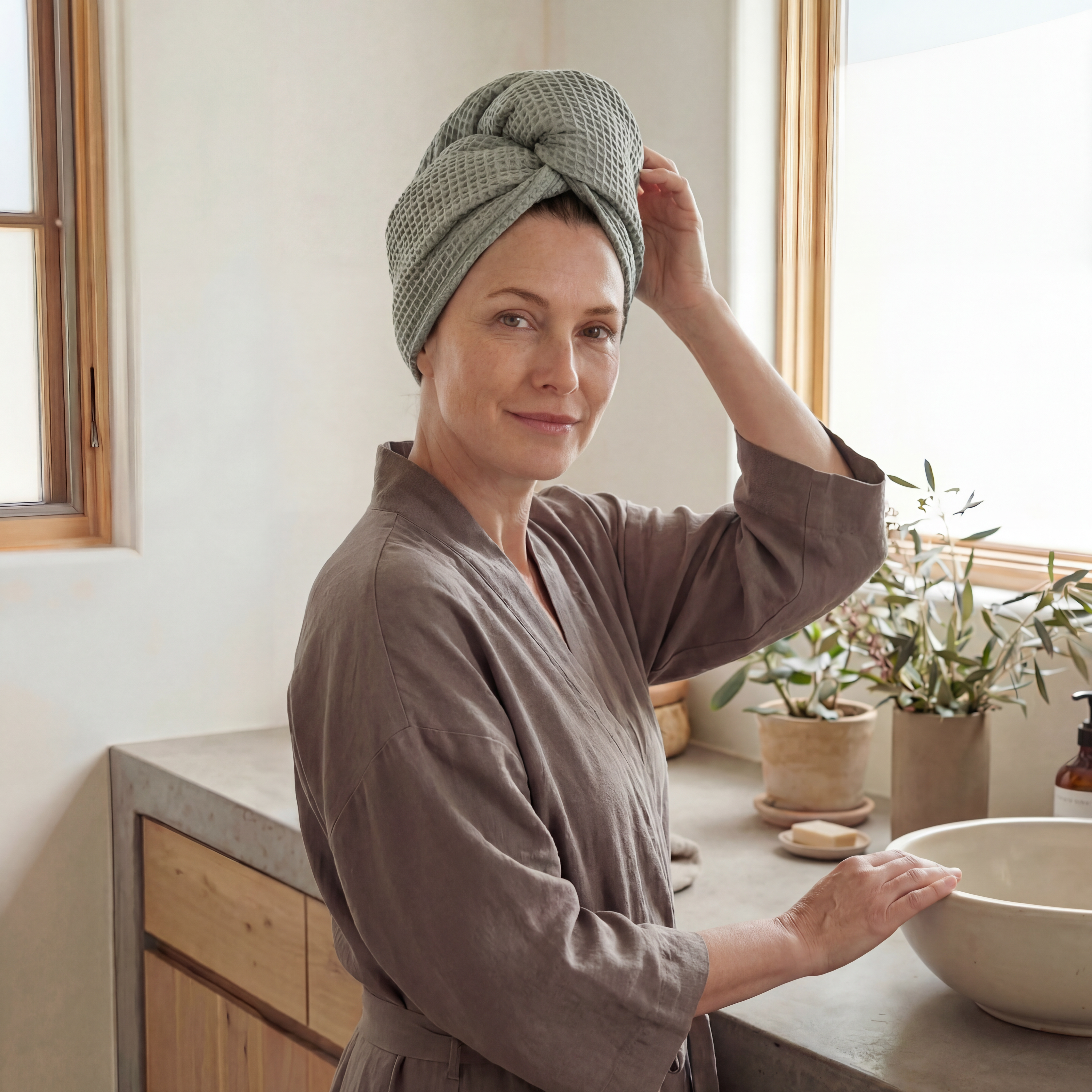 Woman in a brown robe with a green towel on her head, standing in a bathroom.