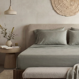 Signature Bamboo Sateen Sheet Set showing smooth sateen weave 100% CleanBamboo Lyocell 1000 TC OEKO-TEX label
