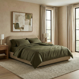 Modern bedroom with silky-soft sateen sheets in cypress for a calm, earthy vibe.
