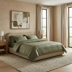 Modern bedroom featuring soft fern-colored bedding for a grounded, nature-inspired retreat.