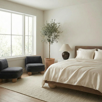 Modern bedroom with cozy duvet in warm mica cream, perfect for a light and airy aesthetic.
