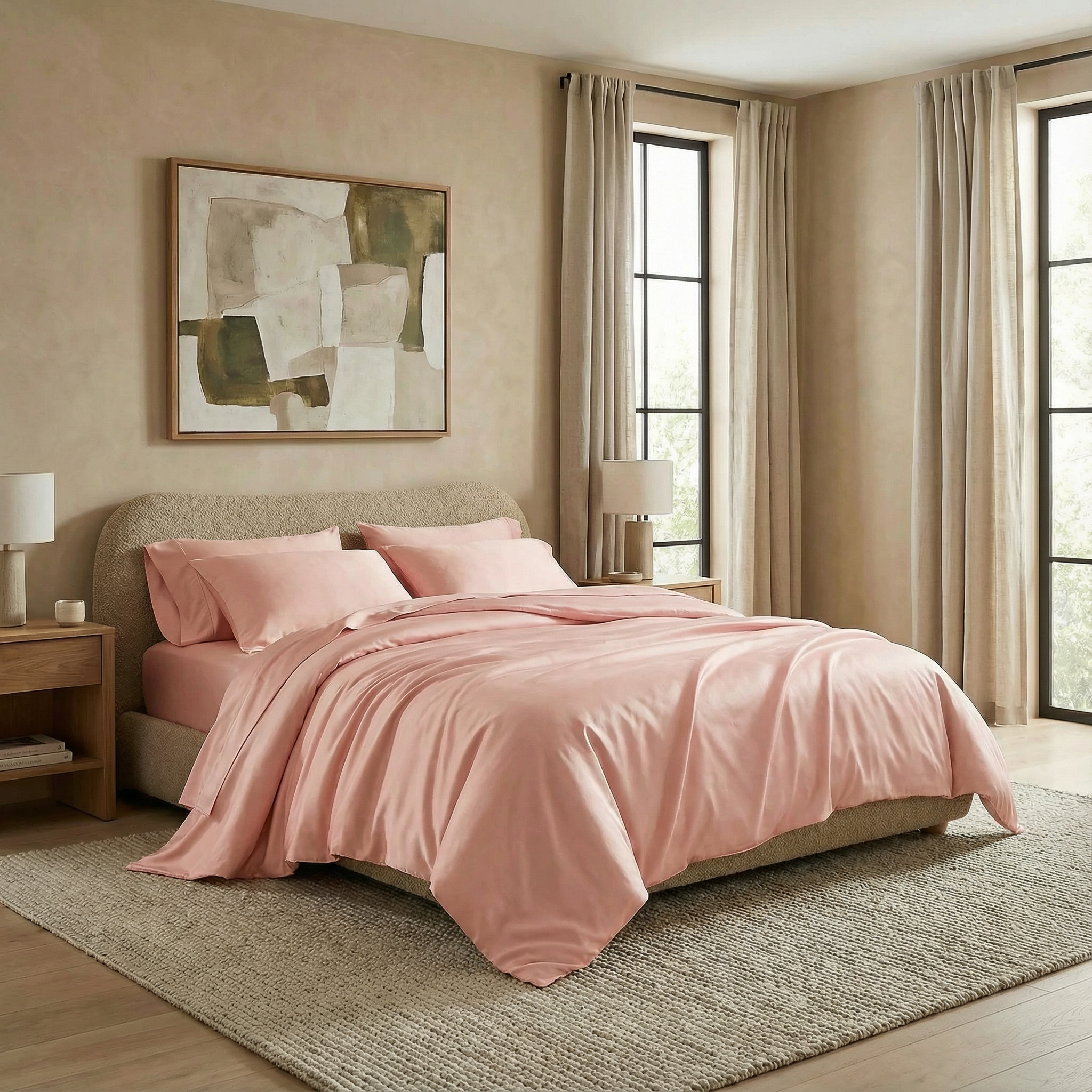 Blush-toned bedding in quartz brings gentle warmth and softness to contemporary interiors