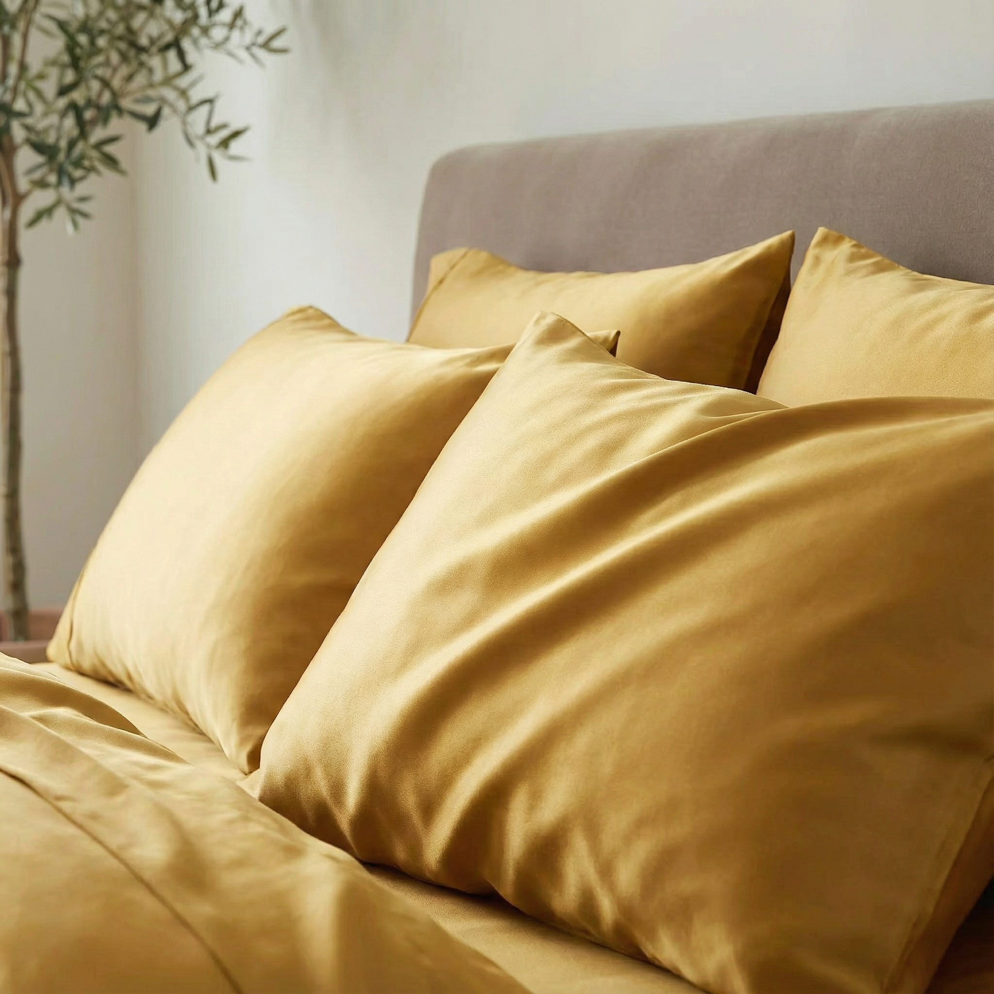 Luxe pillowcases in brass offer a bold yet elegant touch for a richly styled sleep space