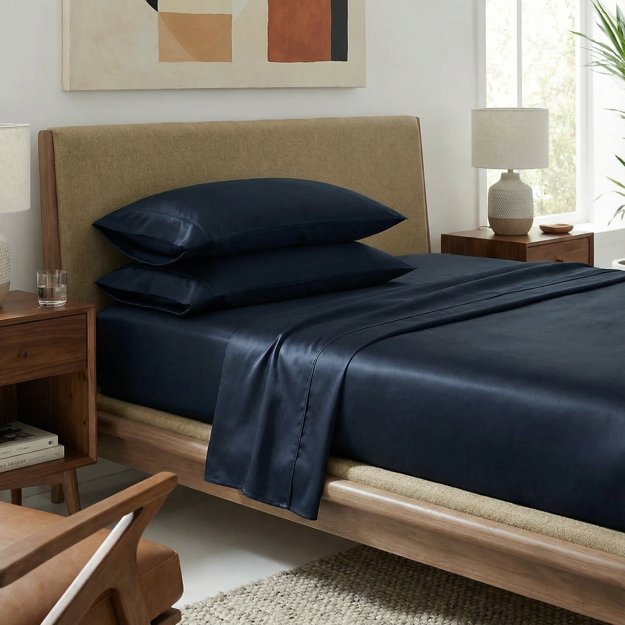 Warm modern bedroom featuring luxe bamboo sateen sheets in elegant indigo