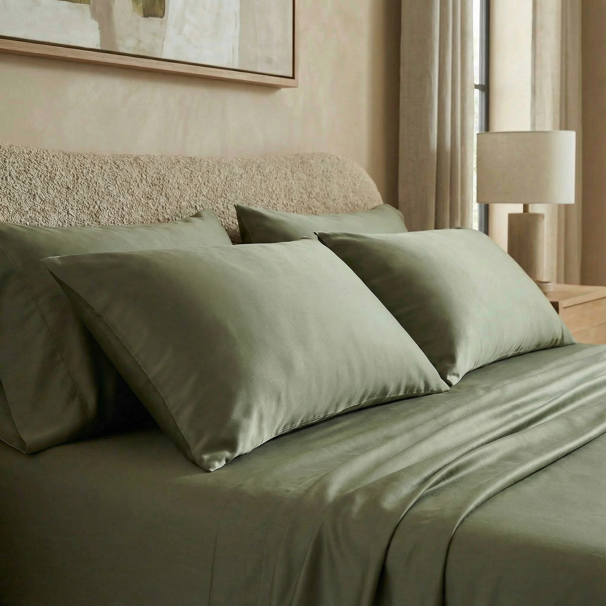 Modern bedroom with silky-soft sateen sheets in muted fern green for a calm, earthy vibe.