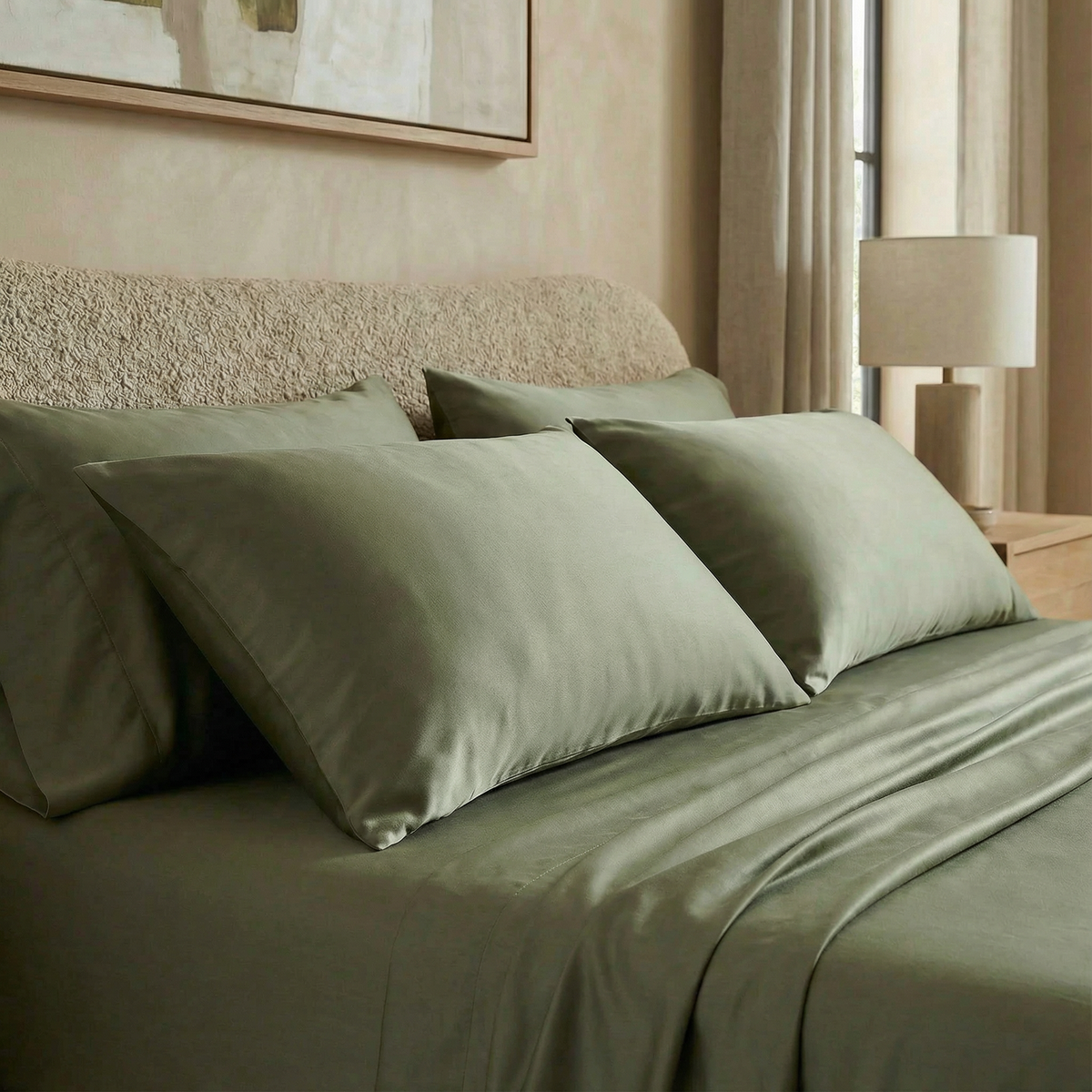Modern bedroom with silky-soft sateen sheets in muted fern green for a calm, earthy vibe.