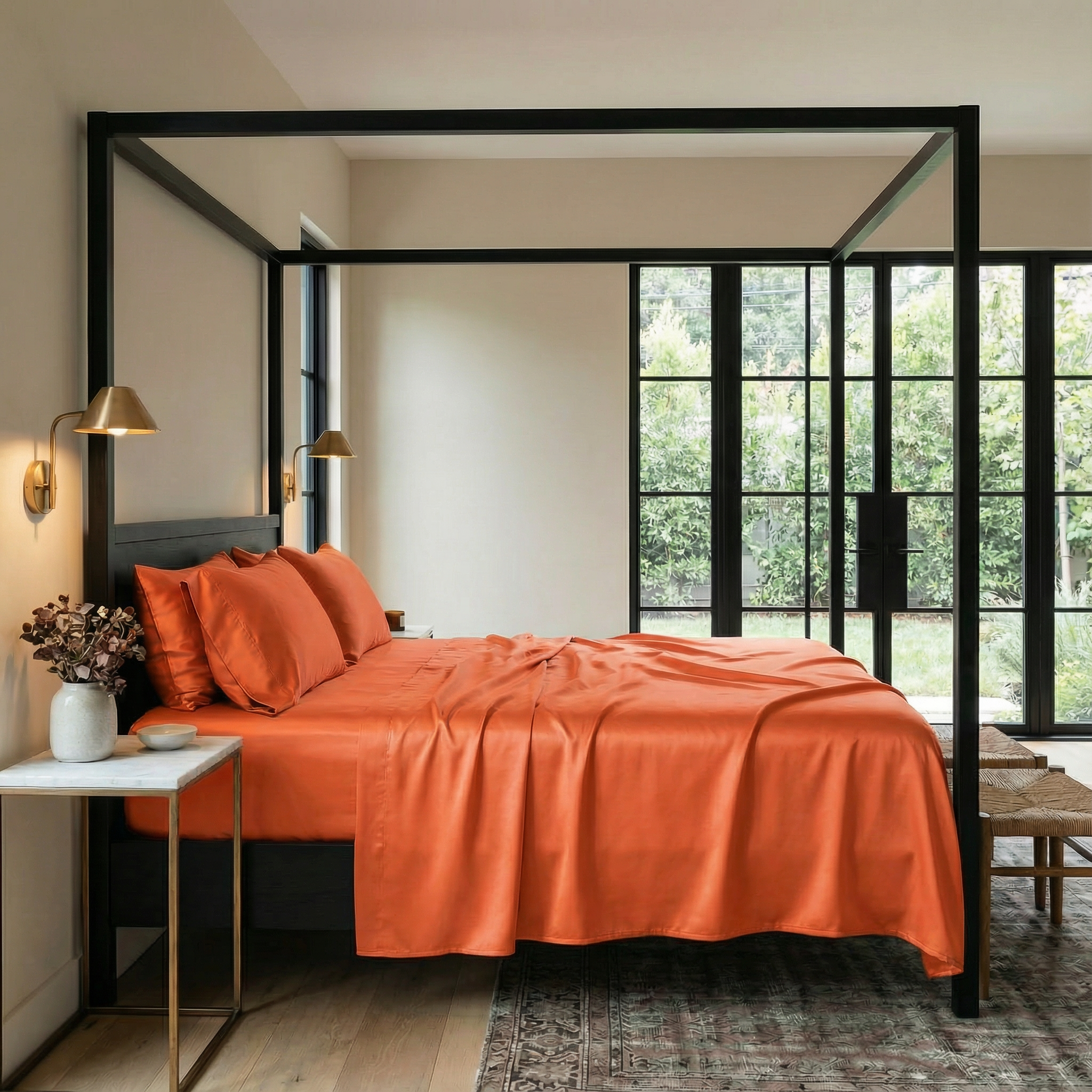 Make a bold statement with this vibrant papaya-hued sateen sheet set