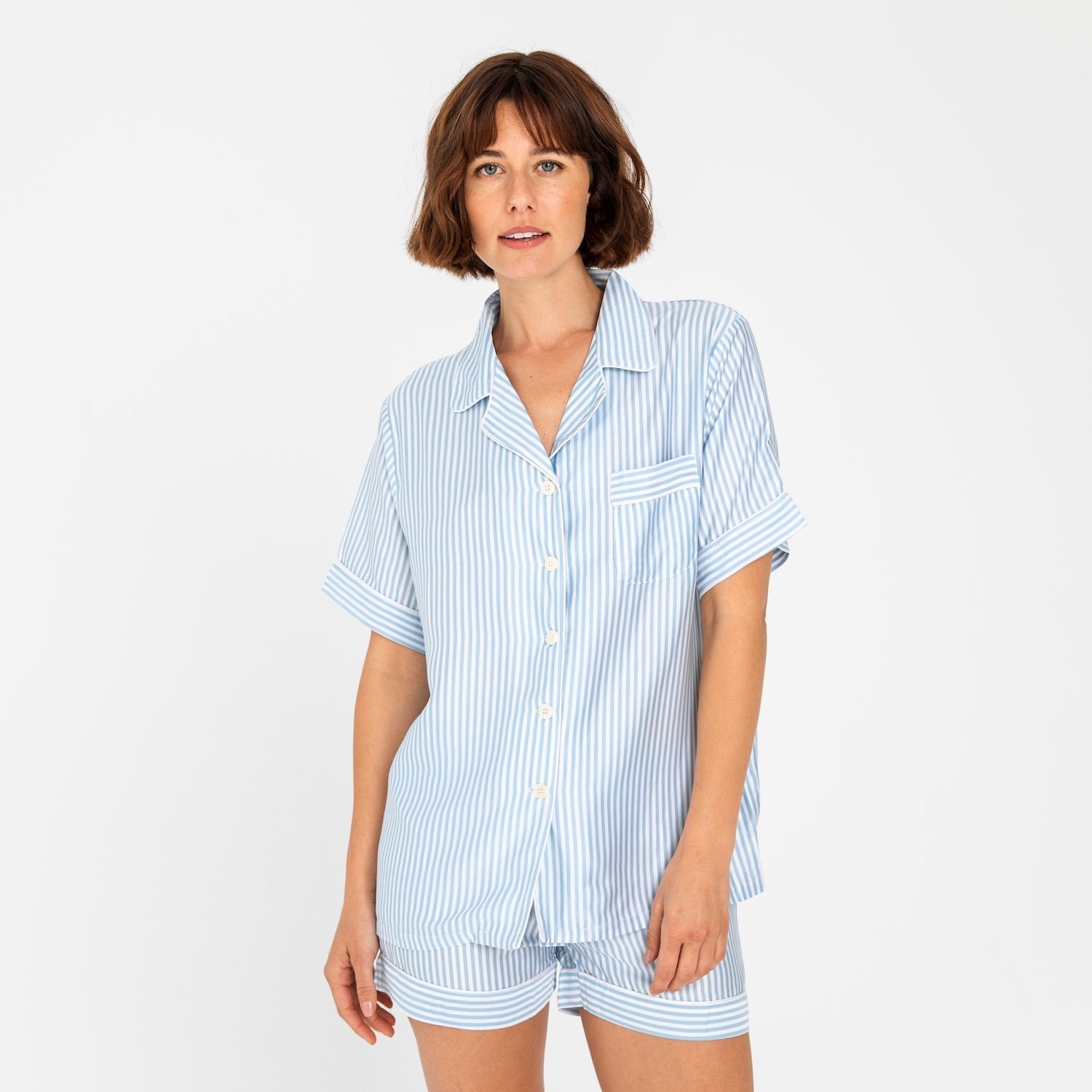 Starlight Blue Stripes | Short Sleeve PJ Shirt Made With Bamboo #Color_starlightbluestripes